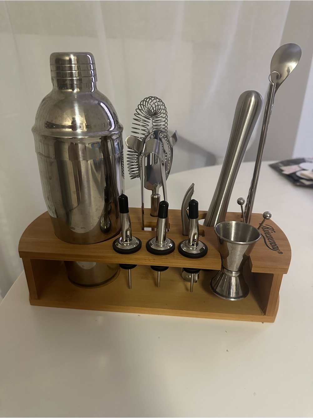 Stainless Steel Cocktail Bar Tool Set with Bamboo Stand - Silver